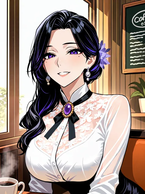 1girl, mature teacher, elegant lady, one black beauty mark under left eye, one black mole under left eye, beautiful, solo, white plain button blouse, see through blouse, brooch, ribbons, black hair, long hair in a bun, sitting down, curvaceous figure, talk...