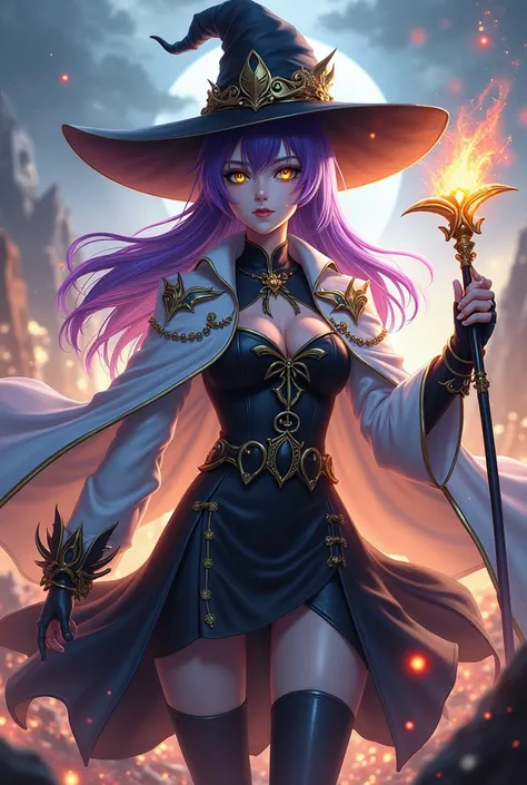 ( top quality,  borrowed letter ,  official art , beautiful and aesthetic:1.2) female anime, rebel witch girl ,  serious and closed personality, long purple hair,  golden right eye , left eye green,  voluminous white coat , wearing a black and gold cape , ...