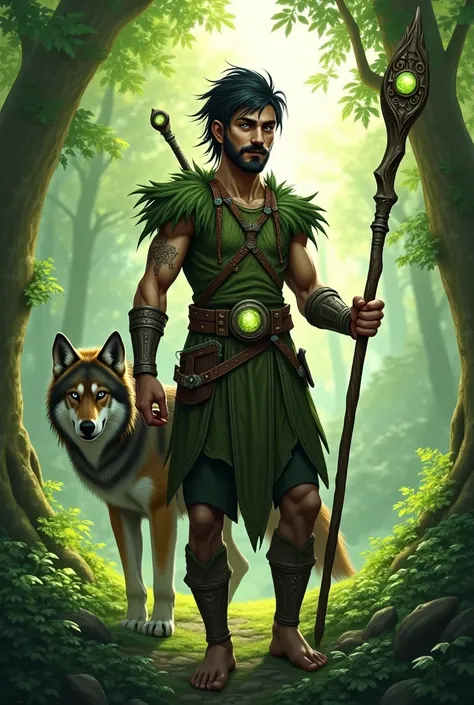 21-year-old Half-Elf Druid, adorned in leaf and leather armor, wields a quarterstaff with a gem in it, sporting a beard, short black and white hair. His mesmerizing eyes swirl like a vortex. He has tribal tattoos on his face. He stands in a vibrant green f...