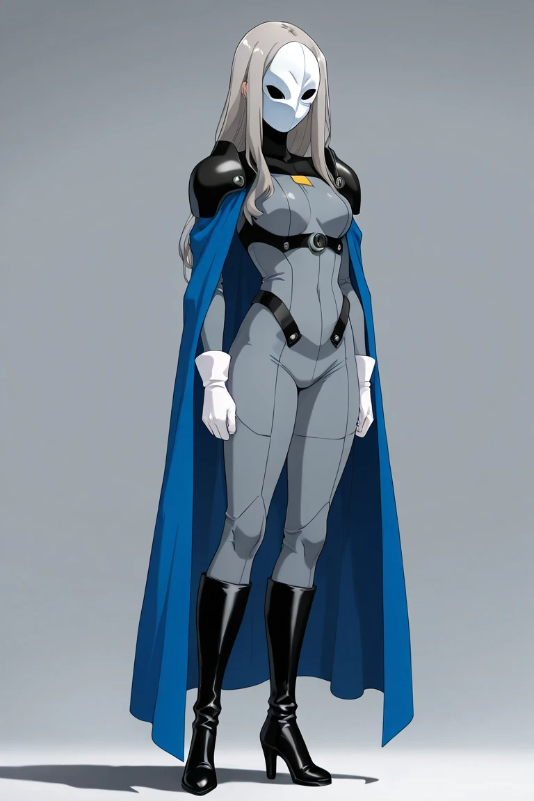 high resolution, masterpiece, necessary, detail, best quality, quality, necessary, details, High details, Precise, 
 
1girl_ ufotable style, ufotable anime

(Solo) faceless, mask covering face, white mask with black eyes, grey hair, long hair, blue long ca...