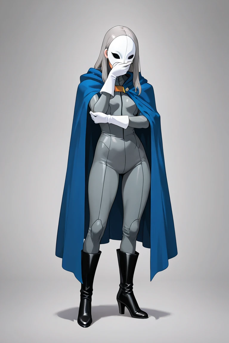 high resolution, masterpiece, necessary, detail, best quality, quality, necessary, details, High details, Precise, 
 
1girl_ ufotable style, ufotable anime

(Solo) faceless, mask covering face, white mask with black eyes, grey hair, long hair, blue long ca...