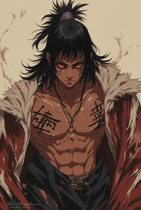 Crie um taoista chines,  with black hair,  red eyes, He's shirtless he's very muscular, is 30 years old 