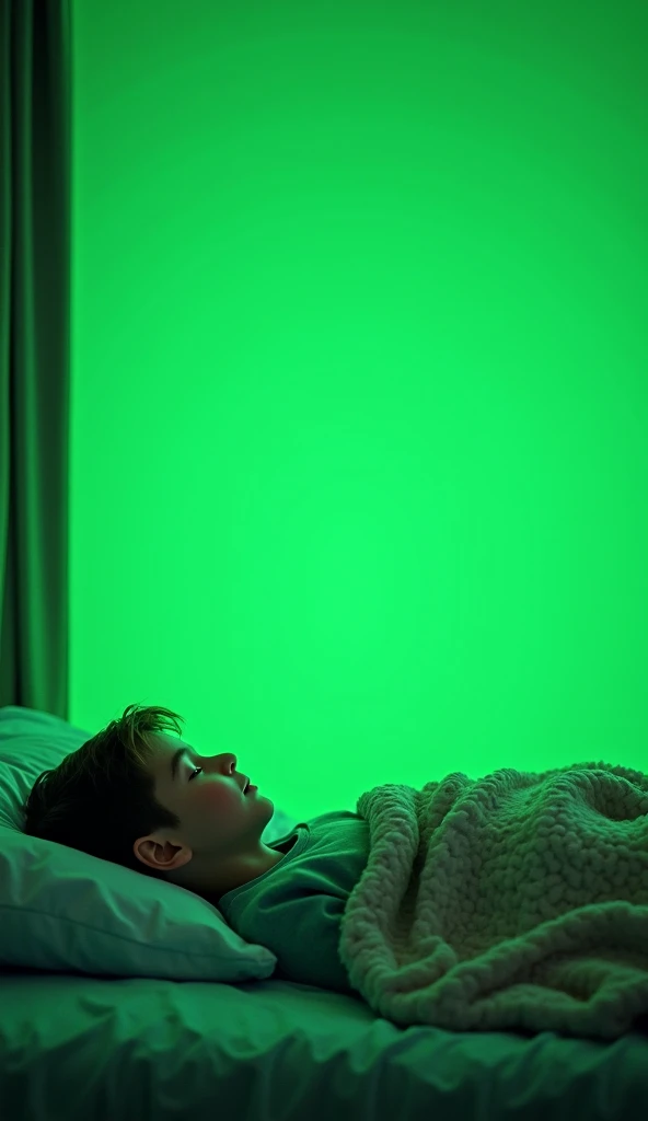 A boy() is lying on a bed in his room with a blanket on him and he is having a dream that dream is green screen.