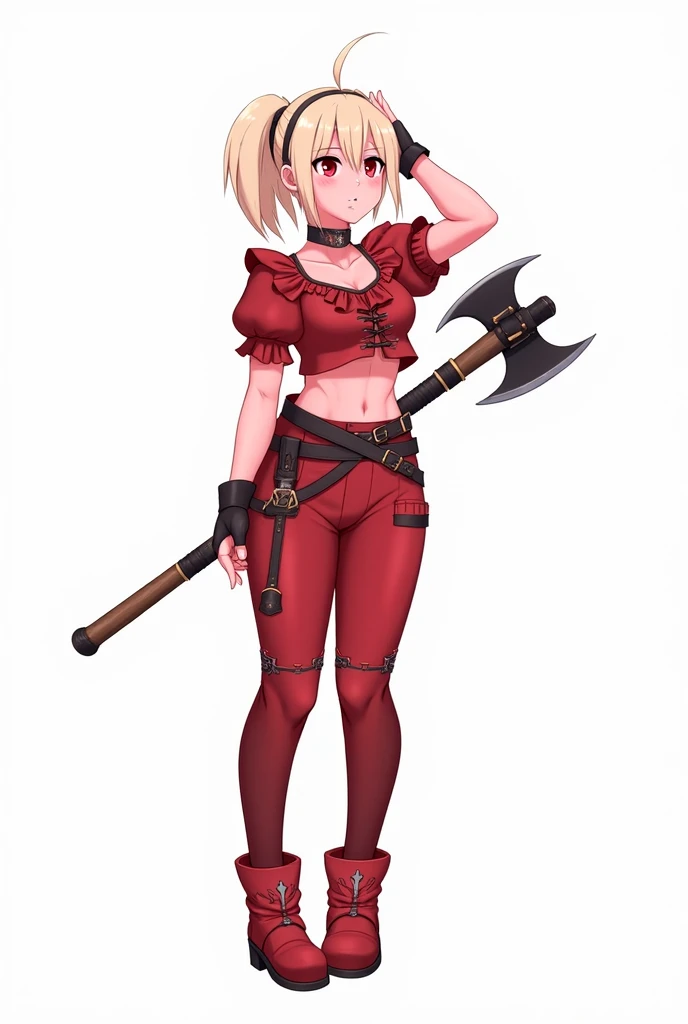 A character, She has a very detailed design with a predominant color scheme in red and pink tones.

The character is female, with light blonde hair tied in a side ponytail, with a loose lock on her forehead. Her eyes are a vibrant red, and her skin has a p...