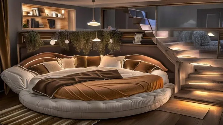 a close up of a bed with a staircase in a room, in a bedroom!!!!!!!!!!!!!!!!!!!!, cozy room, in a comfy house, ager hangout spot, inside a cozy apartment, cozy place, very comfy], comfy lighting, fancy apartment, designed for cozy aesthetics!, cozy bed, co...