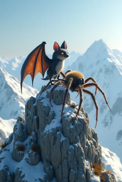 Please make me a bat and a spider standing side by side on the top of the mountain