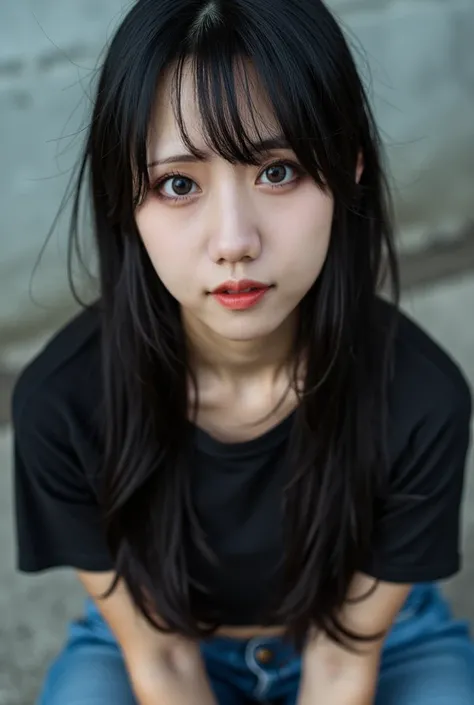  is present photo,  black hair,   beautiful straight hair  ,(Kissing Face:1.4)、Close up of a woman wearing a t-shirt and denim pants sitting on a bench,  young cute gravure idol ,  young gravure idol showing top quality ,   Young, Skinny Gravure Idol  ,  Y...