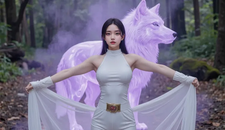 Korean white skin 1 girl wearing sleeveless white power Ranger costume raising her arms up summoning legendary whitish purplish aura cinematic style, white and alluring underarms, confident smirk, vivid face detailing, chaos forest background, purplish wol...