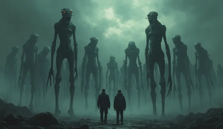 Army of a creepy creature with long hand are coming , two man are seeing that