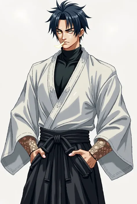 A mature man in ((hakama)) ,holding ((katana)) in his hand, standing straight ((front view))