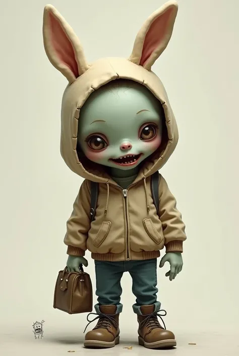 Zombie, a big-headed boy wearing a cute bunny ears hooded jacket and a bag, big shoes.