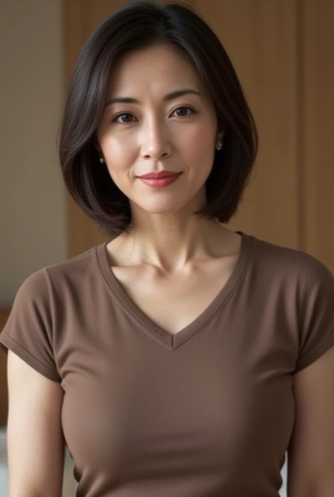   mature woman、  Japanese、48 years old (Mature Beauty: 1.5)、 kind, Enchanting Smiles 、( nasolabial folds :1.4)、  Natural Aging  、Warm Eyes 、(  upper body close-up shot :1.3)、  Soft  , Natural wrinkles 、  clean skin (1.4)、  very detailed (1.4)、 Unmatched Be...