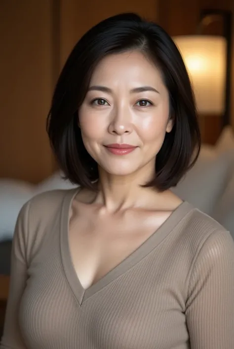   mature woman、  Japanese、48 years old (Mature Beauty: 1.5)、 kind, Enchanting Smiles 、( nasolabial folds :1.4)、  Natural Aging  、Warm Eyes 、(  upper body close-up shot :1.3)、  Soft  , Natural wrinkles 、  clean skin (1.4)、  very detailed (1.4)、 Unmatched Be...