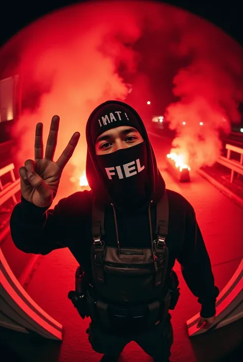 A brown-skinned young man wearing spy clothes and a black tactical belt adorned with rifle combs and a black ninja cap written in bold FIEL covering his face with a look of hate wrapped around him making a sign with his hand of peace and love in intense an...