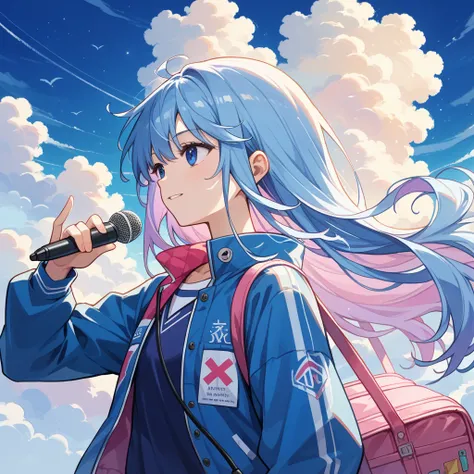   score_9,   score_8_  up the side,   score_7_  up the side,   source_Anime,
  surreal, 
theme：「  to the blue sky   」   Place title
Stage background   ：  CD jacket
Background  {x}  clear blue sky and white clouds
central element ：On the way home from schoo...