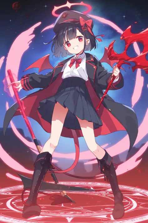 ,hair ribbon, black ribbon, military hat, hat bow, demon wings, demon tail, halo, white shirt, neck ribbon, red ribbon, black coat, open coat, sleeves past wrists, pleated dress, black dress, boots, black hair,Young girl,Petite, short hair,Little Devil Win...