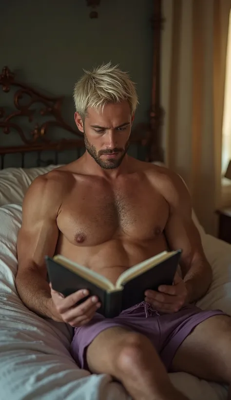 Realistic full-body image of a handsome, lean yet defined man with body hair, a short beard, and green eyes. His very short platinum hair is spiked. He is wearing tight lilac satin shorts and no shirt, sitting on a bed while reading a book. The setting is ...