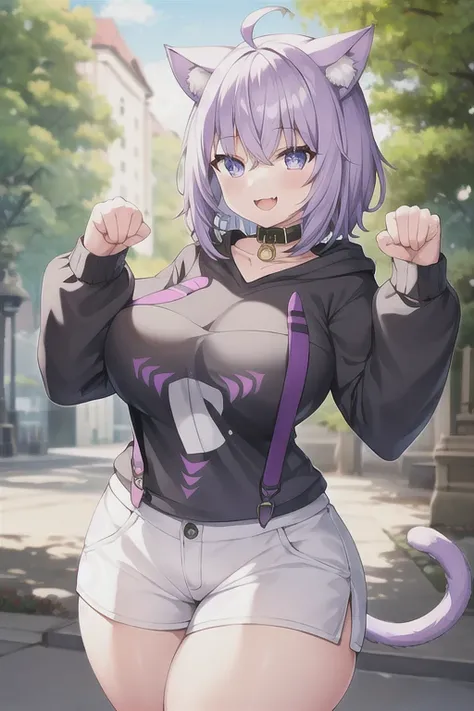 1girl, purple hair, white shorts, standing, paw pose, smile, park, outdoors, fangs, huge breasts, wide hips, thick thighs, aaokayu, short hair, ahoge, animal ears, cat tail, animal collar, black collar, collarbone, print hoodie, black hoodie, long sleeves,...