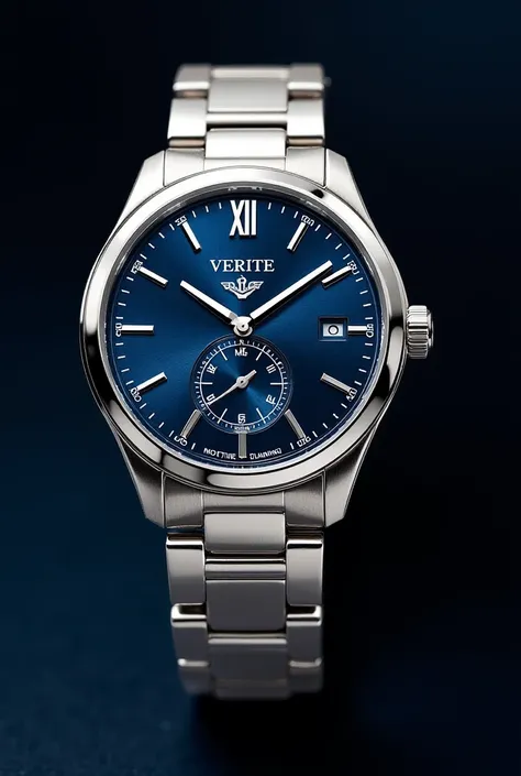 Put the logo 'vérite'on the watch, generate a new one with the silver strap but the inside is blue and timeless, looks elegant and rich but not too over crowded design
I want silver metal strap, and the inside has Roman time I,II,III
