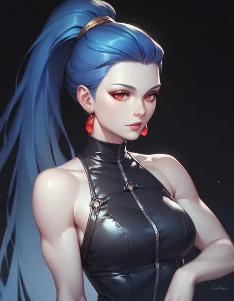 female black sleeveless leather turtleneck, bare shoulders, racerback, bare toned arms, beautiful faces, blue ponytail with showing forehead, long ponytail, earrings, soft smooth skin, pale skin, black background, red eyes, sci-fi, high contrast