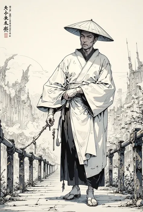    There is an Ukiyo-e of a Japanese monk wearing a hat  ,  A monk walking on a suspension bridge while chanting Nembutsu ,CG Society Contest Winner . mixed style ,Ukiyo-e Manga Paintings , There is a Japanese ink painting drawn in 1850 ,Ink Sketch ,   pai...