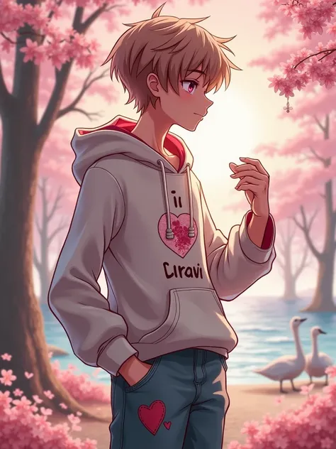 Create a handsome 15-year-old boy with brown hair with pink eyes with Shaketa with hearts pants that say boy in love in English with a heart-shaped ring on a background where the sea is and a pink sunset with swans in the back looking straight ahead