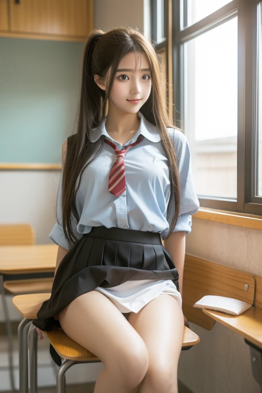 （Female high school student  in classroom）（Skirt flies off to reveal white panties）