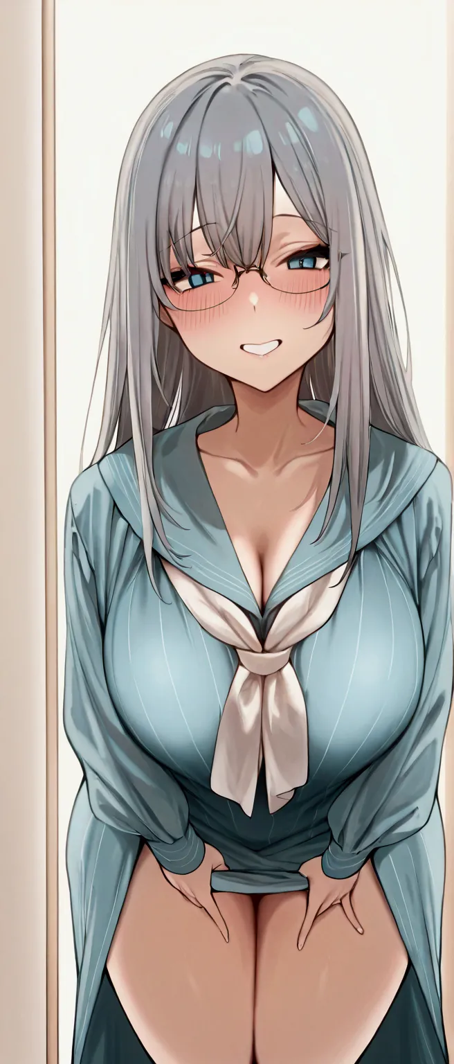 masterpiece, 1 girl, solo, tall,, grey hair , long Bang cover left eyes, glasses, around perfect buttocks,saggy Big breast, small waist, blue eyes,thicc legs, long hair,, blush,, around hips, thicc legs, Big saggy breast,dress, happy face,, extender hand,s...