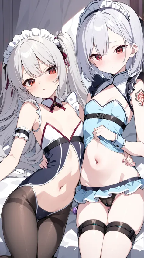 two girls
sister 　 lesbian 　 body touch　Connected 　 both have silver hair 　 both have small breasts 　 short　 maid clothes　 pastel color dress　 red eyes　Tattoo on belly　 thigh restraint 　tights　 stomach exposed 　 showing cleavage 　 Butt Plug