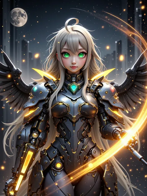 Masterpiece, (top quality), highly detailed, Super Detail, 1girl, Mechanical Wings, Golden, glowing eyes, green, (Golden armor:1.2), (Elon Gated Years:0.8), (cyberpunk city:1.5, arms: energy blade), (Fantasy Scenery:1.2), (natural light:1.5), confident loo...