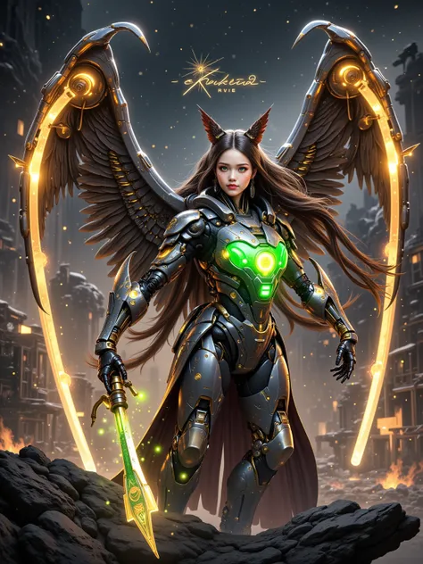 Masterpiece, (top quality), highly detailed, Super Detail, 1girl, Mechanical Wings, Golden, glowing eyes, green, (Golden armor:1.2), (Elon Gated Years:0.8), (cyberpunk city:1.5, arms: energy blade), (Fantasy Scenery:1.2), (natural light:1.5), confident loo...