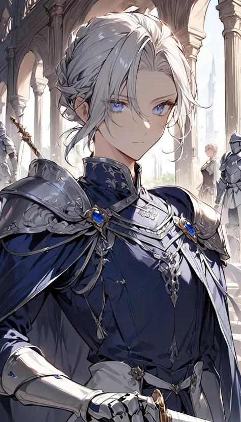 Detailed eye depiction， one woman，neutral，knight，nice， Handsome，Handsome ，calm，Handsome，Slender，Silver and white medium hair ，comb hair back， Light Blue Eyes ，Delicate five-pointed detail ， exquisite eyes ,  Sharp Eyes ， Expressionless face ， Dark Blue Arm...