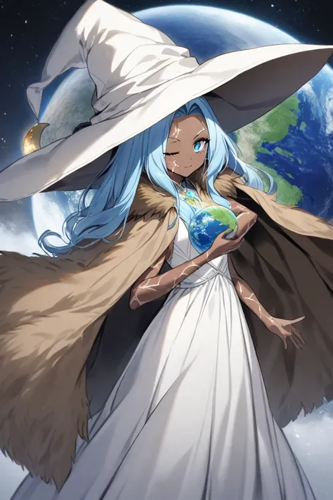 ranni, cracked skin, skinny skin, one eye closed, witch hat, white headwear, brown fur cloak, white dress, she in the moon, background in the space with planet earth, whitish blue hair, long dress, long hair, she standing in the moon, 