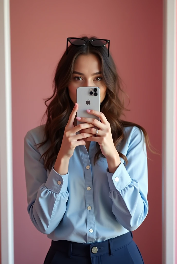 dark haired woman,  white complexion taking a picture in front of the mirror. His face is covered with the cell phone iPhone ,  she is in a pink room , She has long brown hair , He's wearing a light blue shirt and dark blue dress pants, Do you have sunglas...