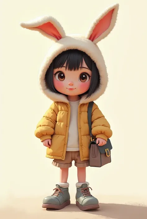 
A girl with a big head wears a cute bunny ears hooded jacket and a bag. Big shoes.