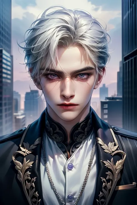 anime boy, handsome face, white hair, purple eyes, charming gaze, looking at the viewer, wearing a police uniform, police station background, (sharp eye details, sharp face details, body details), (make clear and good images), (make 4k and 8k images), (mas...