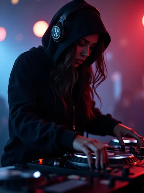 Beautiful White Women DJ Scratching Hip Hop Wearing Black Hoodie, Black Leather Pants, And Black Headphones