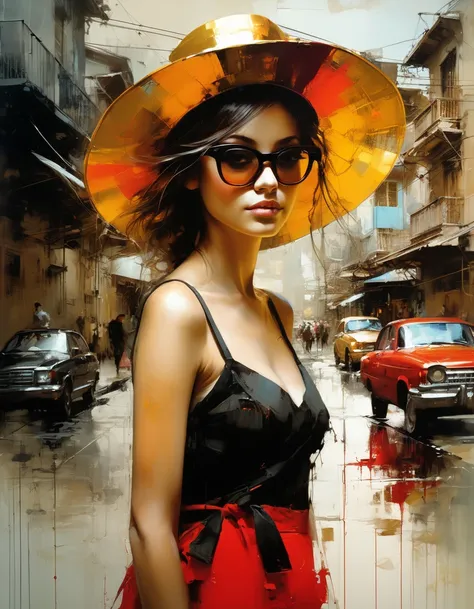 Painting, PLAY OF COLORS, soft RED, GOLD, OCHRE AND BLACK...A GIRL WITH A HAT WITH GLASSES, holding hands with a...a landscape OF Bahia, Brazil,,, a cadilak... . .jeremy mann style, jeremy mann art, jeremy mann painting, alessandro pautasso art, painting o...