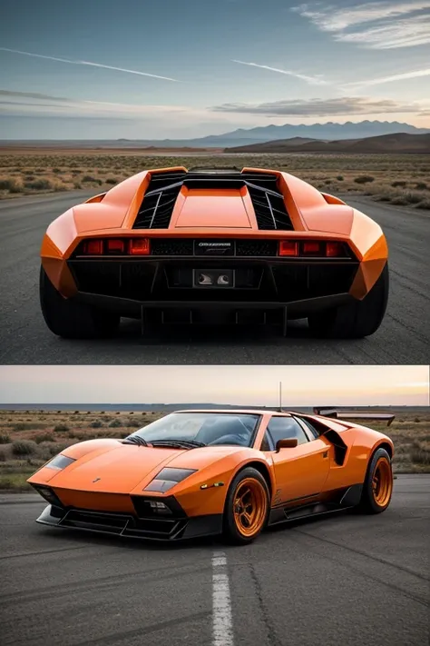 Concept design of a Lamborghini Countach reimagined in a sleek orange color with wide, sporty wheels, futuristic body panels, and elements inspired by the DeLorean Time Machine. The vehicle retains its iconic wedge-shaped profile and sharp, angular lines, ...