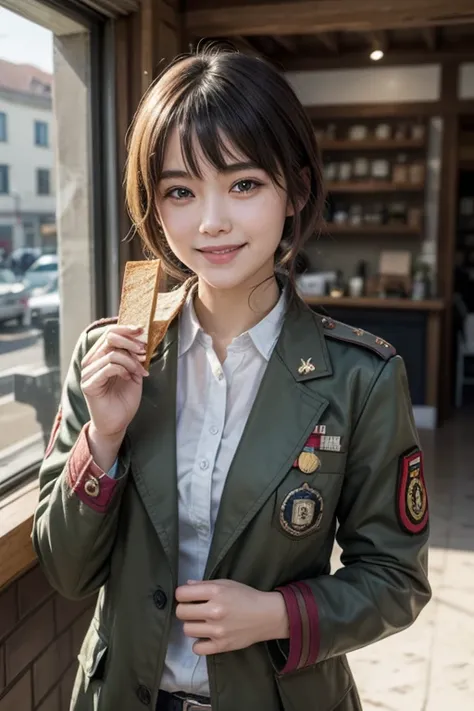 (masterpiece, best quality:1.2), upper body, solo, 1girl, sasha braus, smile, looking at viewer, bread, paradis military uniform, jacket