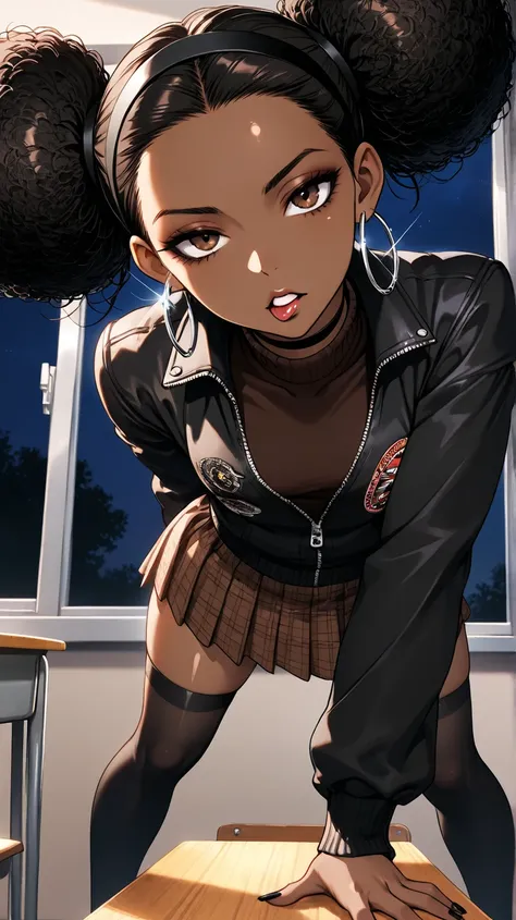 1Girl, Mature, Ebony, African American, Dark Skin, Jet Black Hair, Afro, Double Bun, Shiny Hair, Bright Brown Eyes, Black Nails, Dark Brown Eye Shadow, Medium Chest, Brown Turtleneck Shirt, Black Varsity Jacket, Brown Plaid Skirt, Black High-Thigh Socks, B...