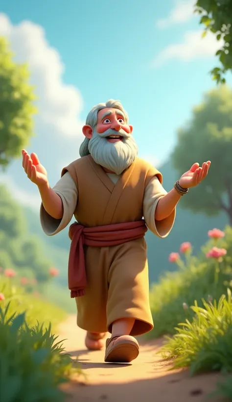 Create a 3D biblical picture cartoon of Noah walking while praying to God