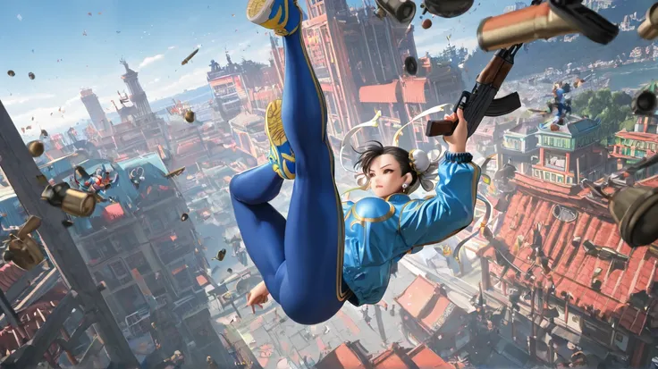  high resolution,   black hair,   raised details , Create the Chun-li Character in a Battle Royale Game, she is holding a gun, AK47, Scenery with Several Paratroopers Falling, Chun-Li With Blue Clothes, jacket, 1 ,  rear view , 