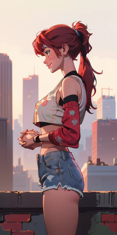 (masterpiece, best quality(intricate, print, pattern)), ponytail, freckles smile, happy ,young woman is standing confidently against a backdrop of a city skyline. She has vibrant red hair styled in a high ponytail and is wearing a white crop top with lace ...