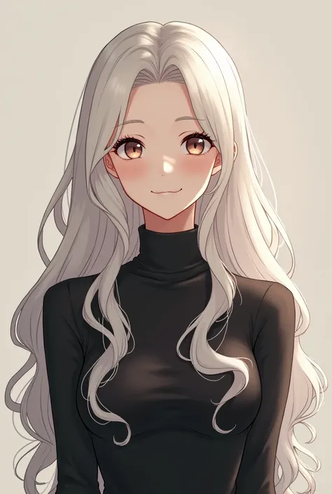 White haired, woman, anime, 20 years old, black sweater, happy, thin eyes, cute, long hair, matured facial expression, smiling, gorgeous, Happy, Anime Style, no lipstick