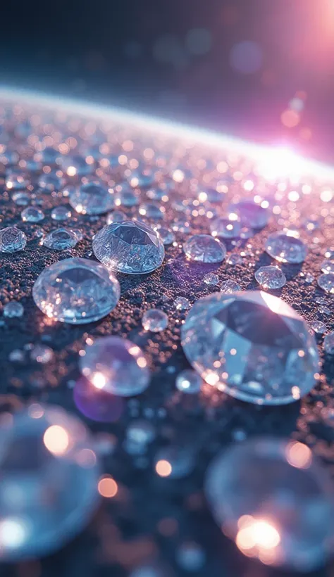 A close-up view of a planet's surface made of pure diamonds, with huge, sharp crystal formations. The sunlight refracts through the diamonds, creating a dazzling rainbow effect. Hyper-detailed, ultra-HD, sci-fi environment.