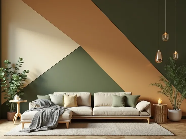 a wall design with colors such as olive green, warm light coffee and beige give me a perspective of the entire wall and give me a design with triangulation 