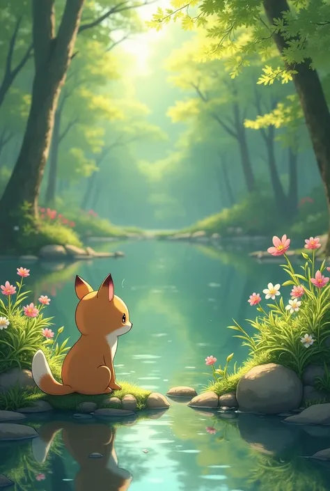  A scene of Kameko sitting by the pond.
Image: Sitting by the Pond、A little Kameko staring at the water surface. 。 In a forest bathed in gentle sunlight. 、 Kameko looks a little sad. 。Colorful flowers bloom all around. 、 A quiet scene with the sound of a b...