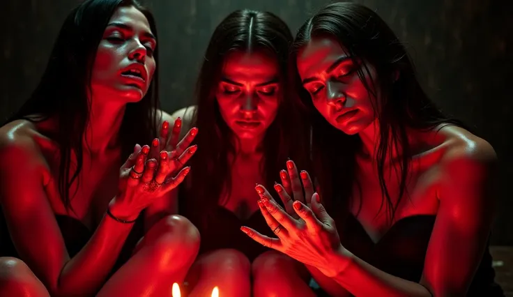 Scary photography of tortured women in an underworld, sitting in a dark circle with their hands torn off their flesh with long and scary nails. .  Their faces have a mixture of pain and despair, and their eyes are full of tears. The atmosphere of the scene...