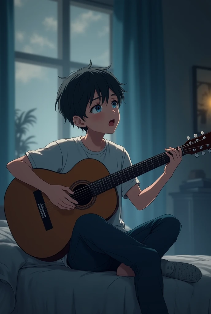 Anime boy playing acoustic guitar and singing a sad song